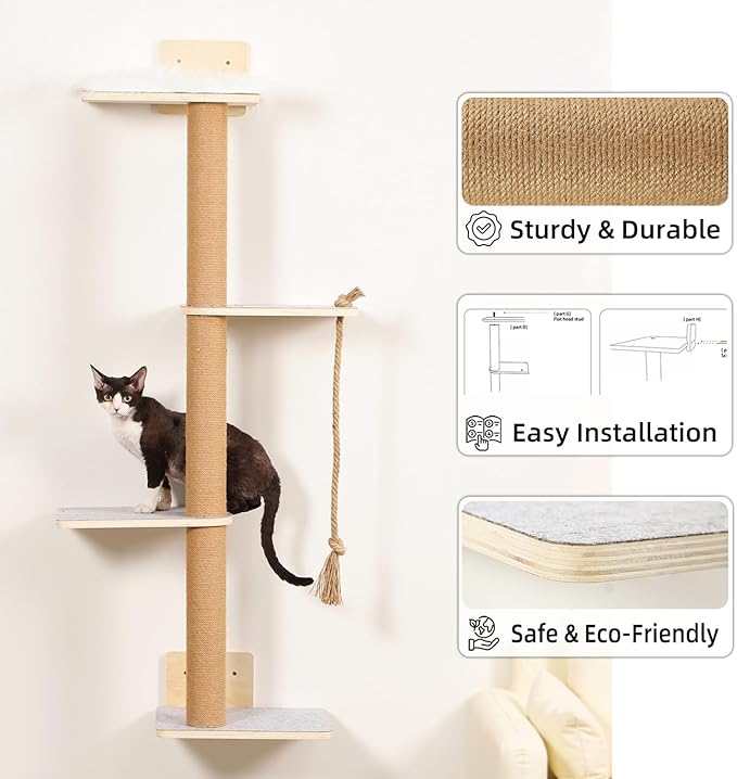 Wall Mounted Cat Tree,50 Inch Tall Wall Cat Tree,4 Tier Cat Climbing Wall Shelves with Scratcher Post for Indoor Cats Activity,Cat Wall Furniture with Soft Felt Pads & Cushion