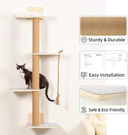 Wall Mounted Cat Tree,50 Inch Tall Wall Cat Tree,4 Tier Cat Climbing Wall Shelves with Scratcher Post for Indoor Cats Activity,Cat Wall Furniture with Soft Felt Pads & Cushion