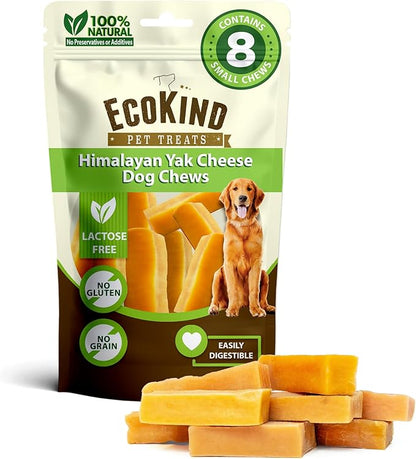 EcoKind Pet Treats Gold Himalayan Yak Cheese Dog Chew, Yak Dog Treats for Active Chewers, 100% Natural & Healthy Chew Sticks for Dogs, Assorted Set of Big & Small Yak (8 Sticks)