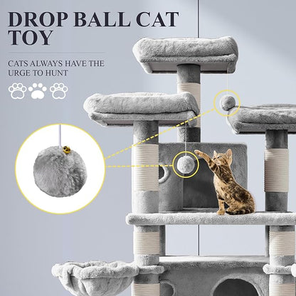 Allewie 68 Inches Cat Tree/House and Towers for Big Feline/Scratching Post/Multi-Level Large Kitty Climbing Tree with Condo/Light Grey