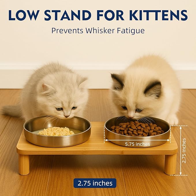 Elevated Cat Bowls for Indoor Cats – Raised Bamboo Cat Food Table with 2 Stainless Steel Dishes, Adjustable Height (4.25"/3.07"), Whisker Friendly Feeding Station
