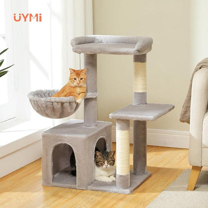 Cat Tree for Indoor Cats with Metal Frame Plush Hammock, 32" Cat Tower with Cozy Condo, Top Perch, Scratching Posts, and Replaceable Ball Toy, Pet Furniture for Small Cats & Kittens, Grey