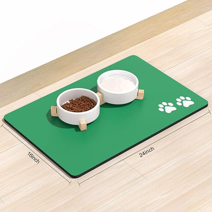 Rnivvi Dog Food Mat, 16" x 24" Footprint Absorbent Dog Cat Bowl Mat for Food and Water, Cute Anti-Slip Rubber Pet Feeding Rug Protect Floors, Puppy Placemat for Feeding & Watering Supplies, Green