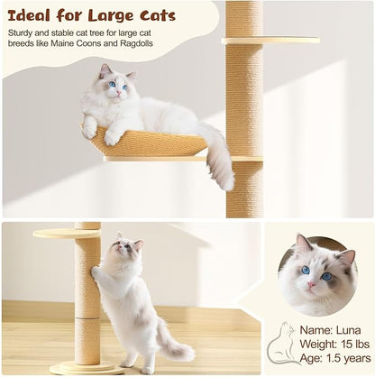 Tinnmao Solid Wood Floor to Ceiling Cat Tree, 7 Level Adjustable Height (8.8-10.2 ft) Tall, Modern Climbing Tower for Indoor Cats Large Adult with Thickened Wooden Sisal Scratching Posts & Cozy Bed