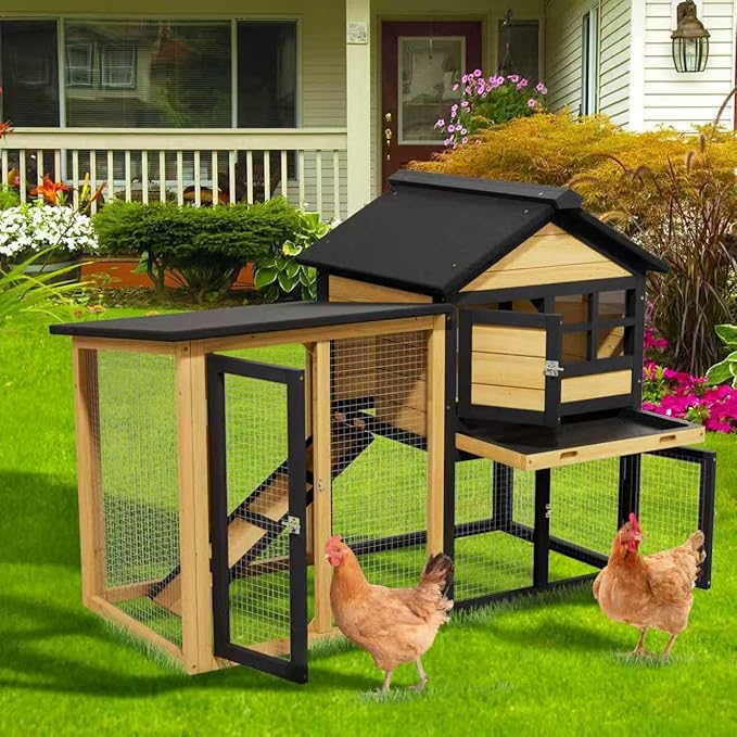 Chicken Coop, Chicken Run,Small Wooden Duck Coop Outdoor 2-Tier Hen House All Weather Used Poultry Quail Cage Rabbit Pet Hutch House with Ramp for Small Animals (Yellow Black)