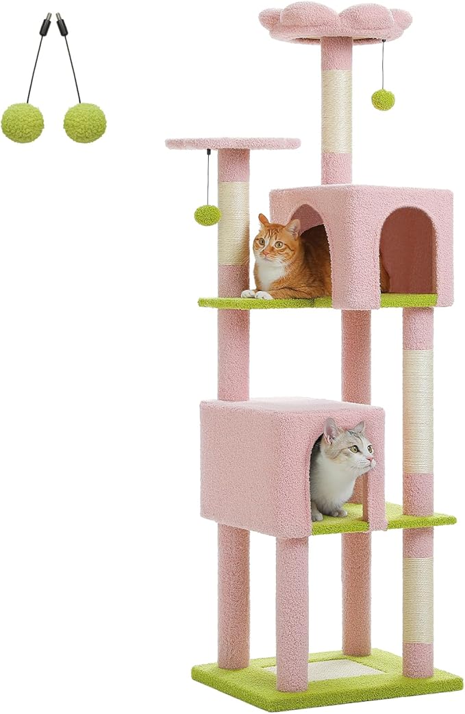 62" Flower Cat Tree for Indoor Cats, Multi-Level Cat Tower with 2 Spacious Condos, Dual Top Perches, Scratching Pad, 4 Scratching Posts, 2 Pompoms, Pink