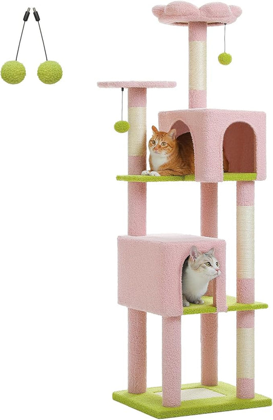 62" Flower Cat Tree for Indoor Cats, Multi-Level Cat Tower with 2 Spacious Condos, Dual Top Perches, Scratching Pad, 4 Scratching Posts, 2 Pompoms, Pink