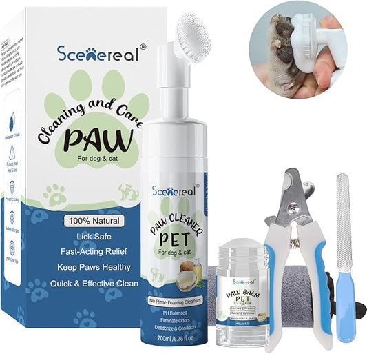 SCENEREAL Dog Paw Care Kit for Repairs Dry Cracked Paws & Nose, No-Rinse Foaming Cleaner & Balm & Nail Clipper File Set, Pet Foot Washer Paw Scrubber Brush for Large Medium Small XL Breed Dogs Cats