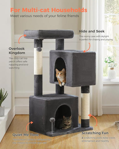 XL Cat Tower 44" Cat Tree for Large Cats 20 lbs+, 2 Spacious Condos with 3.4" Thickened Scratching Post, Large Top Perch, 2 Interactive Toys, Dark Grey