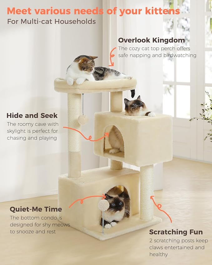 32" Cat Tree Tower for Indoor Cats - 2 Cozy Condos, Multi-Level Cat Scratching Posts with Sisal, Soft Padded Perch, 2 Dangling Toys, Beige