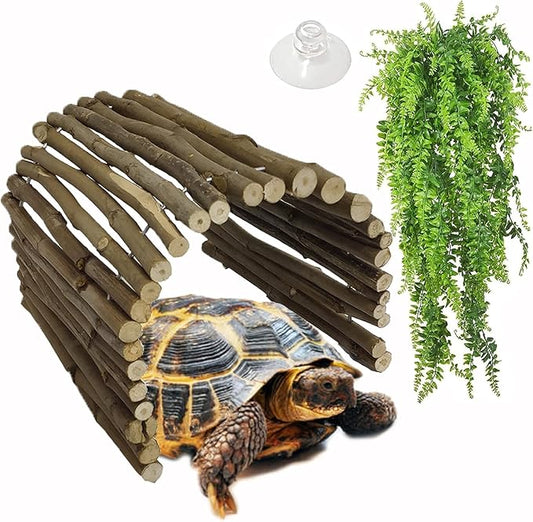 Hamiledyi Extra Large Tortoise Hide Reptile Hiding Cave Turtle Hut Gecko Hideaway Climbing Tunnel Toy Lizard Bendable Wooden Bridge for Adult Bearded Dragon Snake Chameleon Habitat Accessories