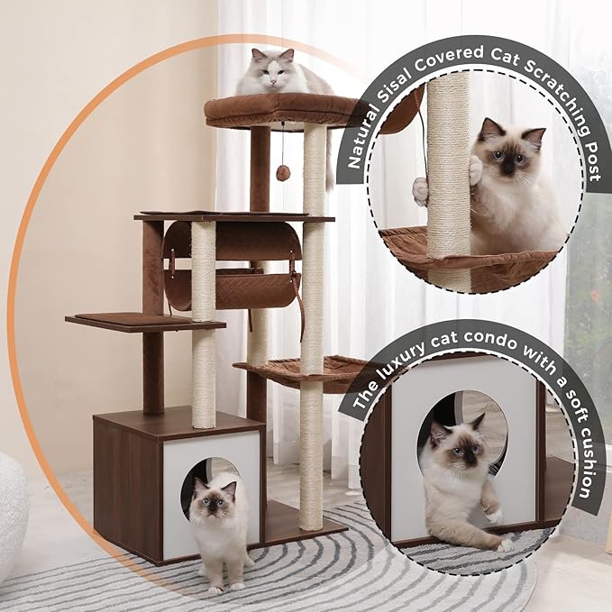 PEQULTI 51.4 Inches Modern Cat Tree Premium 6 Levels Wooden Cat Tower with Fully Sisal Covered Scratching Posts, Cozy Condo, Spacious Perch, Super Large Hammock and Swing Tunnel for Indoor Cats Brown