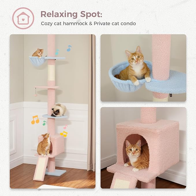 PETEPELA Floor to Ceiling Cat Tree[83"-108"], Cat Tower 5 Levels, Height Adjustable, Cat Scratching Post with Top Perches and Spacious Condo for Large Indoor Cats, Blue