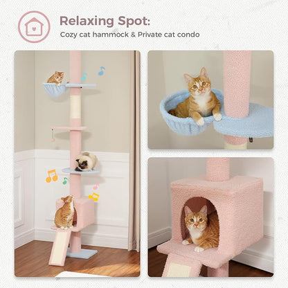 PETEPELA Floor to Ceiling Cat Tree[83"-108"], Cat Tower 5 Levels, Height Adjustable, Cat Scratching Post with Top Perches and Spacious Condo for Large Indoor Cats, Blue