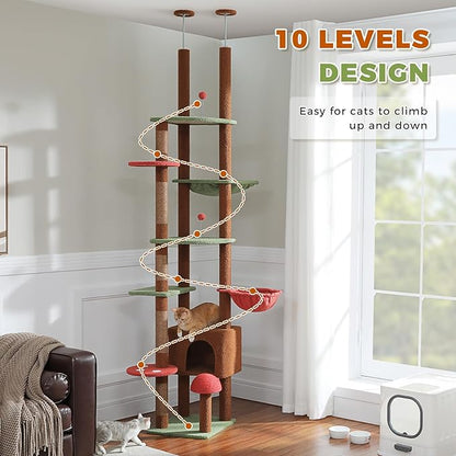 PETEPELA Floor to Ceiling Cat Tree, Adjustable 90.5''-100.4'' Cat Tower Mushroom Climbing Tree with Scratching Posts, Spacious Condo and Large Hammock for Indoor Cats Large Adult, Brown