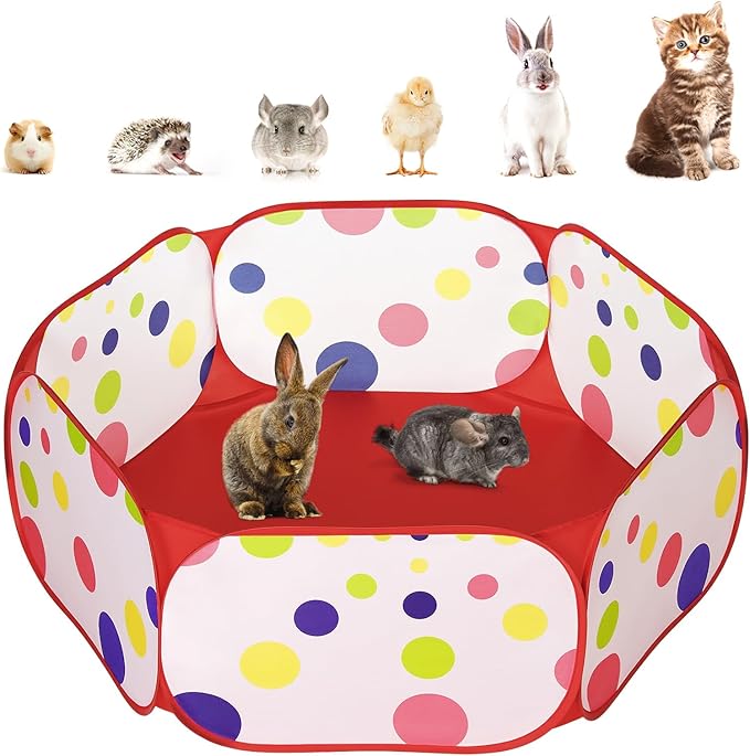 Pawaboo Small Animals Playpen, Waterproof Small Pet Cage Tent with Strong Steel Wire Frame, Portable Outdoor Yard Fence for Chick/Kitten/Puppy/Guinea Pig/Rabbits/Hamster/Chinchillas, Red + Polka Dots