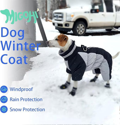 MIGOHI Full Body Dog Coat - Warm Reflective Winter Coat with Harness, Turtleneck Fleece Jacket for Small to Large Dogs - Four-Legged Snowsuit with Zipper