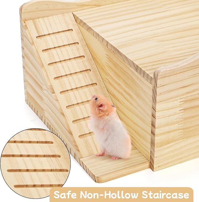 Guinea Pigs Hideout, Wood Hamster House Castle with Stairs and Window, Small Animals Bed Hut Habitats, Ideal for Chinchillas Dwarf Mice Gerbils Playing Hiding, No Installation Required
