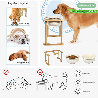 Ceramic Dog Bowls with Non-Skid Stand, Elevated Feeding Bowl for Medium Large Dogs,Raised Food and Water Dish Set, Dog Pet Feeder (11'' Tall-56OZ-Cream White)