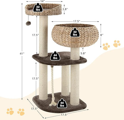 Tangkula Modern Cat Tree for Indoor Cats, Small/Tall Cat Tower with Natural Sisal Scratching Post, Hand-Made Wicker Cat Condo & Top Perch, Funny Hanging Toy Ball, Cute Cat Tree Tower for Large Cats