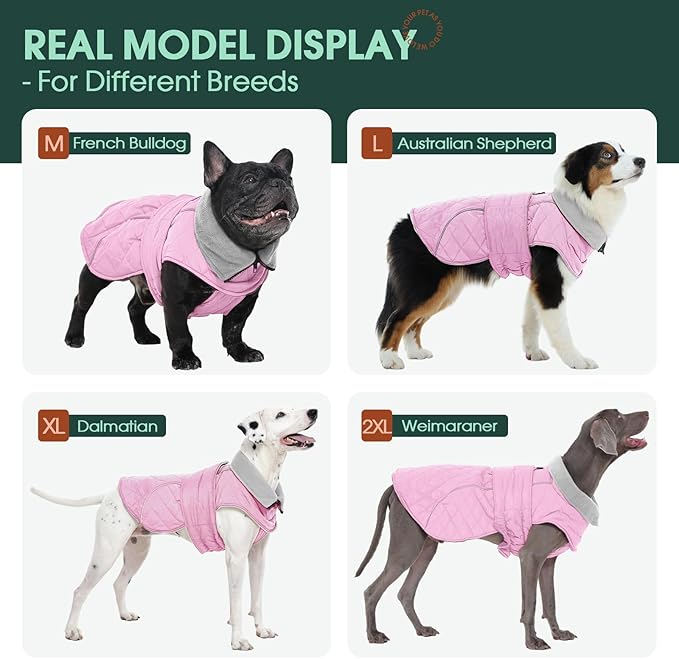 Kuoser Dog Coat, Extra Warm Dog Jacket Windproof Dogs Cold Weather Coats for Large Dogs, Fleece Lining Turtleneck Puppy Snowsuit Reflective Adjustable Pet Winter Clothes Christmas, Pink 2XL