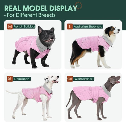 Kuoser Dog Coat, Extra Warm Dog Jacket Windproof Dogs Cold Weather Coats for Large Dogs, Fleece Lining Turtleneck Puppy Snowsuit Reflective Adjustable Pet Winter Clothes Christmas, Pink 2XL