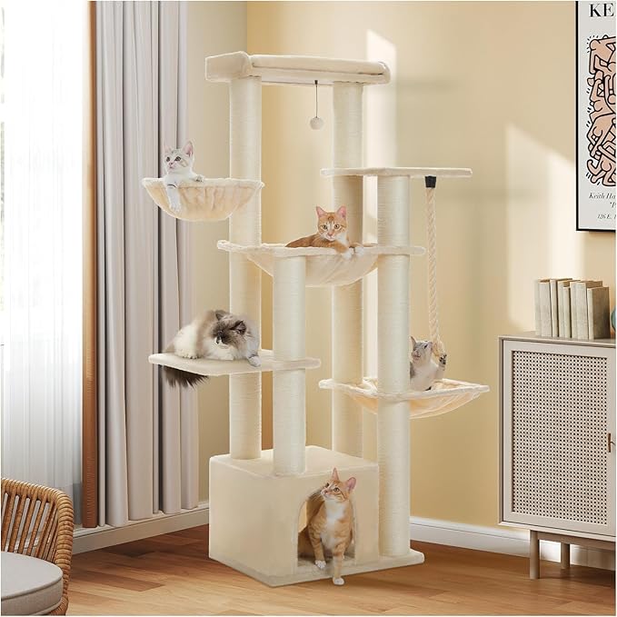 67" Heavy Duty Cat Tree for Indoor Cats Large Adult, XXL Cat Tower with 13 Thick Scratching Posts (φ4.3), Large Perch, Spacious Condo & Big Hammock - for Maine Coon up to 20 lbs, Beige