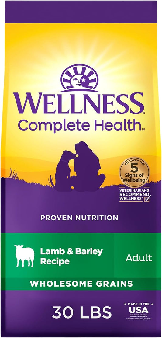 Wellness Complete Health Dry Dog Food with Grains, Made in USA with Real Meat & Natural Ingredients, All Breeds, Adult Dogs (Lamb & Barley, 30-lb) – With Nutrients for Immune, Skin, & Coat Support,