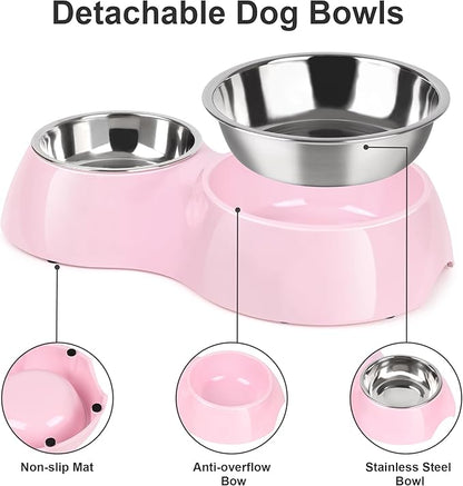 Double Dog Bowls Set – Non-Slip Pet Food & Water Dishes with Resin Stand, Includes Small (1 Cup) & Medium (2 Cups) Bowls – Ideal for Puppies, Cats, and Medium Dogs – Pink