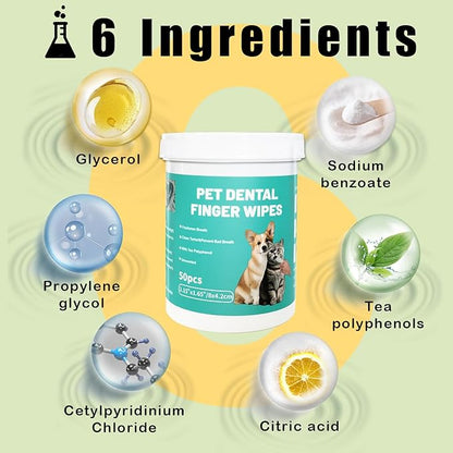 Dog Teeth Dental Finger Wipes for Dogs & Cats No-Rinse Dog Finger Toothbrush Dog Plaque & Tartar Prevention with Brushing Beads Dog Breath Freshene 50pcs
