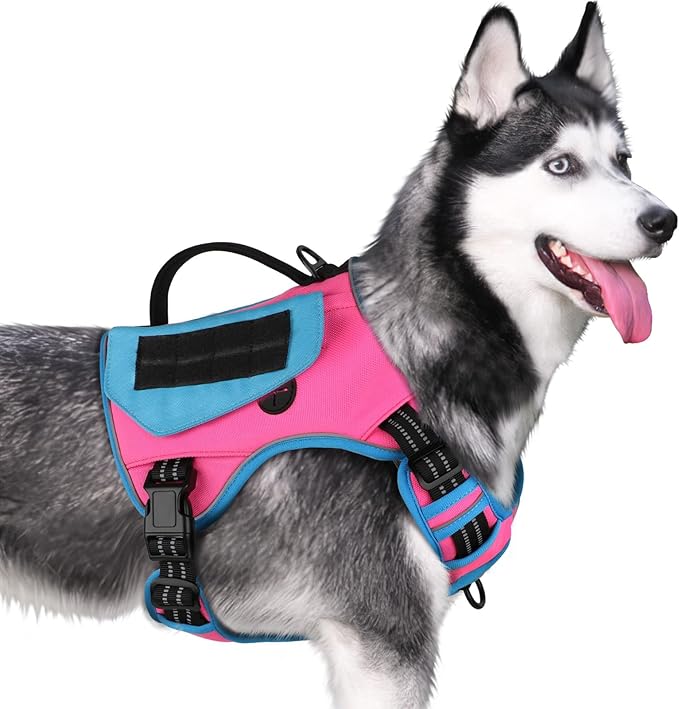 WINGOIN Tactical Dog Harness for Large Dogs, No Pull Harness with Handle Pockets Poop Bag, Reflective Dog Vest, Military Service Heavy Duty Big Dog Harness for Walking Hiking Training (Pink Blue, L)