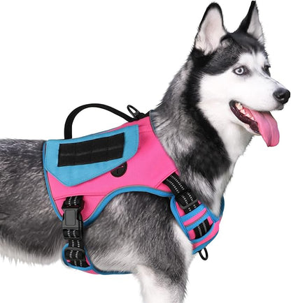 WINGOIN Tactical Dog Harness for Large Dogs, No Pull Harness with Handle Pockets Poop Bag, Reflective Dog Vest, Military Service Heavy Duty Big Dog Harness for Walking Hiking Training (Pink Blue, L)