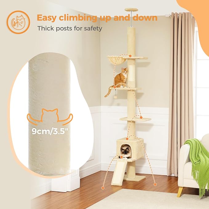 PEQULTI Cat Tree Floor to Ceiling, Tall Cat Tower, Adjustable Height (83''-108'') 5 Tiers Climbing Tree for Indoor Cats with Cat Condo, Scratching Post and Ladder, Beige