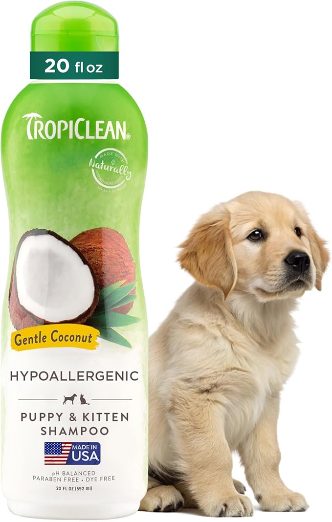 TropiClean Gentle Puppy Shampoo, Dog Shampoo for Allergies & Sensitive Skin, Made in USA, Gentle Coconut Scent, Safe for Cats & Kittens, 20oz