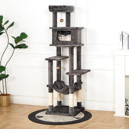 KITTY KINGDOM 65in Large Cat Tree Condo Furniture for Indoor Kitties, Multi-Level Cat Tower with 4 Scratching Posts, Cat Cave, Hammock, Perch & Reinforced Base, Plush Gray
