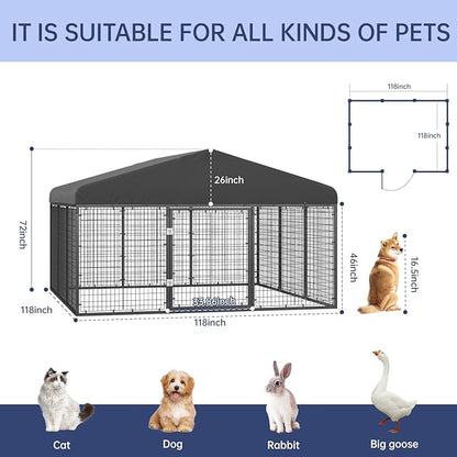 118" x 118" Outdoor Dog Kennel Steel Ideal Dog Fence for Medium/Small Dogs Anti-Rust Coating Cage with Roof All Weather Resistant Dog House with Double Locks