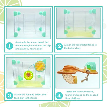 2 Layers Hamster Cage with Tubes Mouse Cage with Accessories Water Bottle Food Dish Transparent Hamster Habitat with Exercise Wheel for Hamster Guinea Pig Gerbil (10.9" x 8.1" x 9.8" Yellow)
