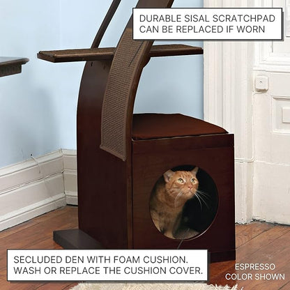 THE REFINED FELINE 69 Inch Tall Black Espresso Lotus Cat Tower, Multi-Level Modern Cat Tree for Indoor Cats with Scratching Post, Climbing Cat Condo with Cushioned Cubby