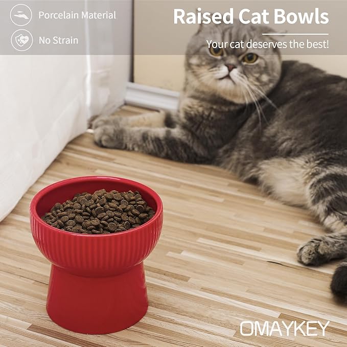 Ceramic Raised Cat Bowls, Elevated Cat Food and Water Bowls Set, 15 oz Porcelain Stress Free Pet Feeder Bowl Dish for Cats and Small Dogs, Dishwasher and Microwave Safe - Set of 2, Red