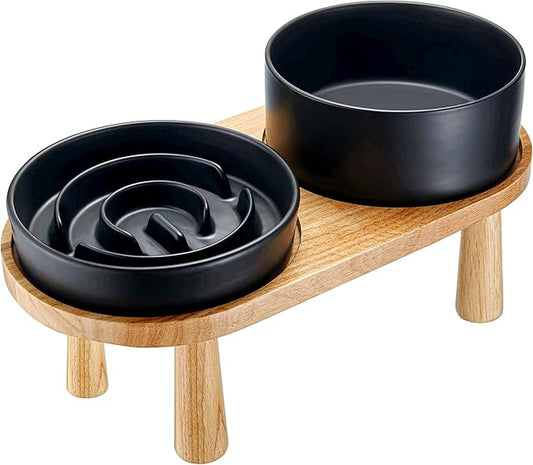 Ceramic Slow Feeder and Water Bowl Set for Medium and Large Dogs, Ceramic Dog Bowls Elevated with Wooden Stand, 2.0 Cups Dog Slow Feeder(30oz) and 70oz Water Bowl Set, Black