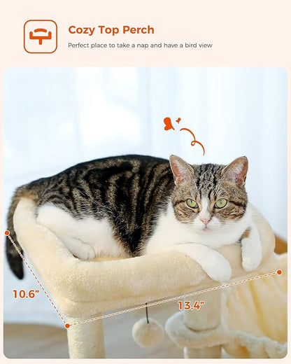 PEQULTI Small Cat Tree, [28.5''] Cat Tower for Indoor Cats, 2 Styles Activity Tree with Cat Scratching Posts, Big Hammock and Removable Top Perch Beige