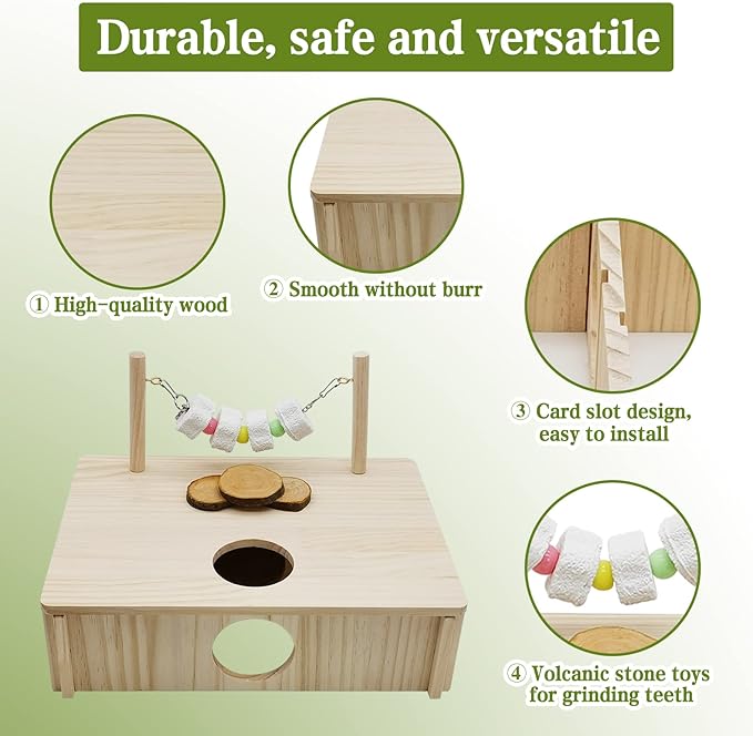 kathson Hamster Multi-Chamber Hideouts, Wooden House Maze Tunnels Exploring Toy Small Animal Activity Sport Playground Platform with Chew Molar Stone Toys for Dwarf Hamster Gerbils Mice Syrian