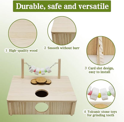 kathson Hamster Multi-Chamber Hideouts, Wooden House Maze Tunnels Exploring Toy Small Animal Activity Sport Playground Platform with Chew Molar Stone Toys for Dwarf Hamster Gerbils Mice Syrian