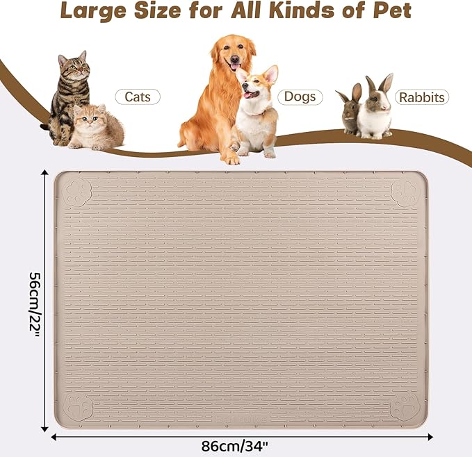 Cat Food Mat, 34" x 22" Large Silicone Pet Feeding Mat for Food and Water Bowls Non-Slip, Easy to Clean (Beige)