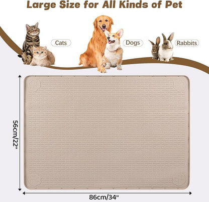 Cat Food Mat, 34" x 22" Large Silicone Pet Feeding Mat for Food and Water Bowls Non-Slip, Easy to Clean (Beige)