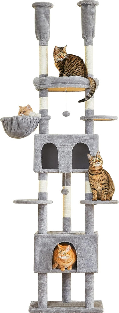 Cat Tree, Floor to Ceiling Cat Tower Adjustable Height [92-102 in=235-257cm], 8 Tiers Cat Climbing Play House with Scratching Post, 2 Cozy Condos&Hammocks for Indoor Cats, Light Grey