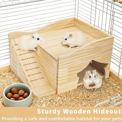 Guinea Pigs Hideout, Wood Hamster House Castle with Stairs and Window, Small Animals Bed Hut Habitats, Ideal for Chinchillas Dwarf Mice Gerbils Playing Hiding, No Installation Required