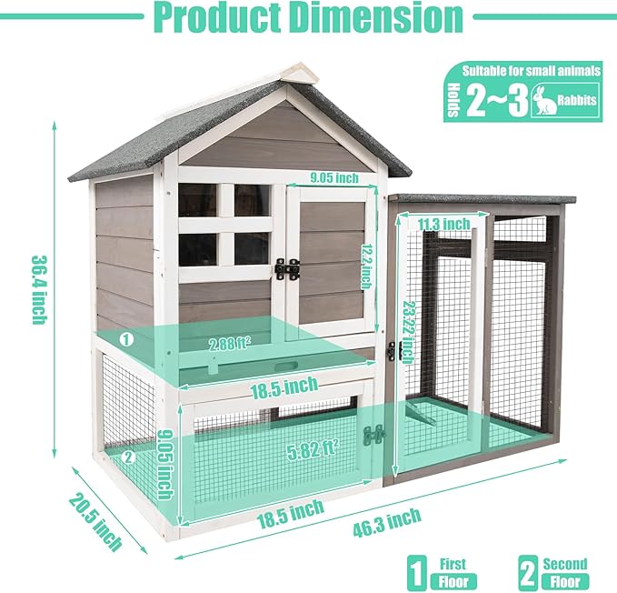 48" L Rabbit Hutch Indoor Outdoor Rabbit Cage with Run, Pull Out Tray, Asphalt Roof Large 2 Story Bunny Hutch Wooden Chicken Coop Guinea Pigs Pet House Cage for Small Animals(Grey)