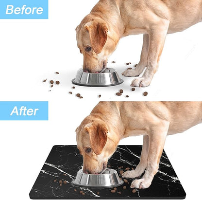 Rnivvi Dog Food Mat, 16" x 24" Marble Absorbent Dog Cat Bowl Mat for Food and Water, Cute Anti-Slip Rubber Pet Feeding Rug Protect Floors, Puppy Placemat for Feeding & Watering Supplies, Black