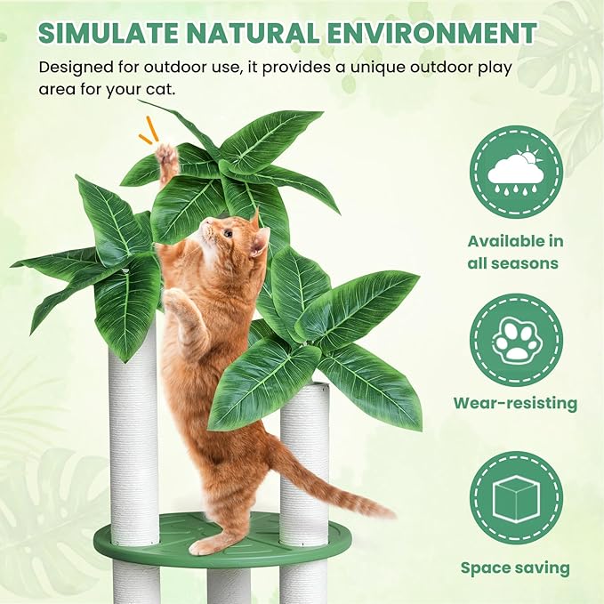 68 inch Waterproof cat Tower, Cylindrical Outdoor cat Tree with Green Leaves,Plastic Board and cat Scratching Post,Used in Catio,Deck,Patio
